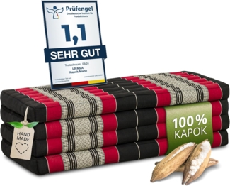 Nachhaltige Klappmatratze aus Kapok, breite Gästematratze vierteilig, Faltbare Matratze, ökologische Yogamatte, klappbares Gästebett, Liege für Garten und Balkon 200 x 110 x 8 cm (Schwarz/Rot)