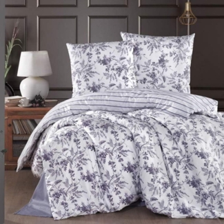 yadetextil Bettwäsche Bettwäsche 135x200 cm. 2 teilig set. Montera v2, Renforce, 2 teilig, weiß gestreift, Baumwolle lila geblümt wende bettbezug, Montera V2