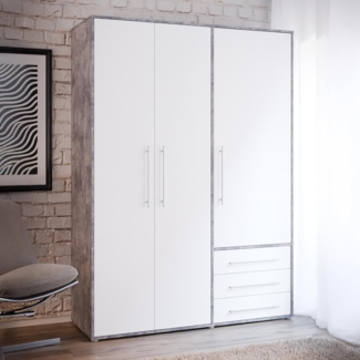 Forte MOKKARO Kleiderschrank 145, Schrank mit 3 Türen und 3 Schubladen, Holzwerkstoff, Weiß/Betonoptik Lichtgrau, 144,4 cm breit, 200 cm hoch, 53 cm tief