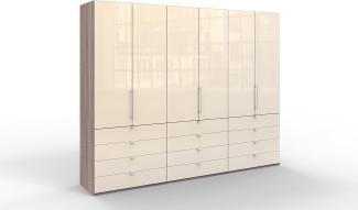 WIEMANN Loft Kleiderschrank, Schlafzimmerschrank, Gleittürenschrank, Drehtürenschrank, mit Schubladen, Glas magnolie, Trüffeleiche, Holz, B/H/T 300 x 236 x 58 cm