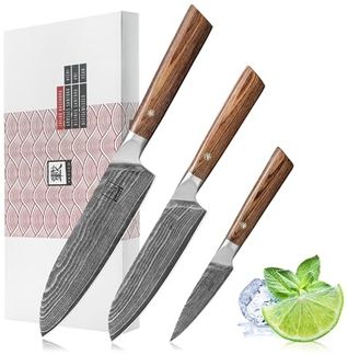 ZAYIKO Damastmesser KASSHOKU SET 3-tlg "SANTOKU, kl. SANTOKU, Officemesser" - Pakka - VG-10 Stahl