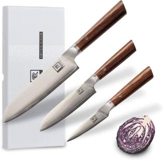 ZAYIKO Damastmesser KASSHOKU SET 3-tlg "SANTOKU, kl. SANTOKU, Officemesser" - Pakka - VG-10 Stahl