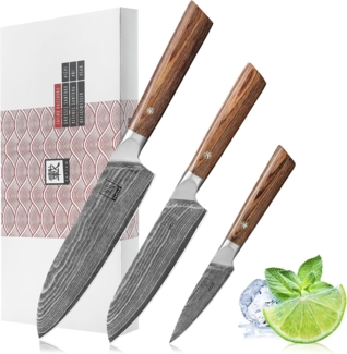 ZAYIKO Damastmesser KASSHOKU SET 3-tlg "SANTOKU, kl. SANTOKU, Officemesser" - Pakka - VG-10 Stahl