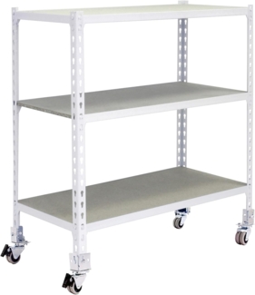 Simon Rack Schwerlastregal mit Rollen, 975 x 900 x 400 mm, Bis 75 kg Belastbar, 3 Verstellbare Ablagen, MDF-Platten, Kellerregal, Lagerregal, Weiss/Holz - Maderclick