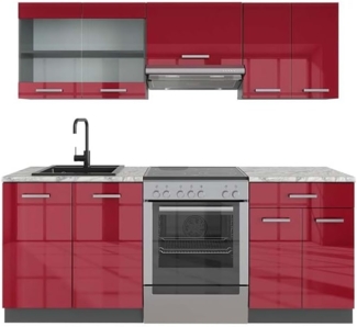 Vicco Küchenzeile Rot Hochglanz/Anthrazit 200 cm , AP Marmor, R-Line