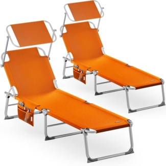 Casaria® 2er Set Sonnenliege Klappbar Wetterfest Gartenliege Mit Dach Seitentasche Tragegriff bis 150kg 190cm Aluminium 2 Personen Liegestuhl Orange