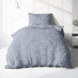 Träumschön Bettwäsche Biber 135x200 oder 155x220 cm - Blumen-Ranke mint oder blau, Biber, 2 teilig, mit Reißverschluss, 100% Baumwolle, kuschelig warm im Winter