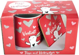 Happy Life 45339 Geschenk Set, Kaffee Tasse und Untersetzer mit Hase, Tasse mit Spruch Verliebt bis über beide Ohren, ca. 30 cl