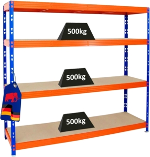PROREGAL Profi Schwerlastregal Rhino EXTRA BREIT blau/orange HxBxT 180 x 200 x 60 cm Fachlast 500kg 4X Spanplatten-Ebenen 16mm Garagenregal, Lagerregal, Steckregal, Weitspannregal