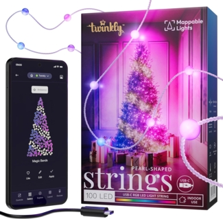 Twinkly Strings Pearls 100 LED, LED-Lichterkette in Perlenform, RGB LED-Lichter Mehrfarbig, Kompatibel mit Alexa & Google Home, Gaming-Lichter, Stromversorgung über USB-C, Transparentes Kabel, 6m