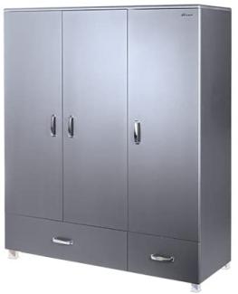 Miami - Kleiderschrank 3türig mit 2 Schubladen, inkl Kleiderstange und 4 Böden, Soft-Close, Autometallic Lackierung, chromfarbene Griffe, Füsse und Logo aus hochwertigem Autoschriftzug, grau