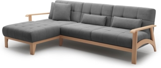 Cavadore Ecksofa Billan / Schlafsofa im skandinavischen Design mit Longchair, Bett und massivem Holzgestell in Buche / 264 x 88 x 183 / Flachgewebe, Grau
