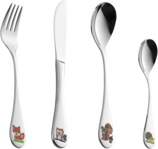 4-teiliges Kinderbesteckset Forest aus Edelstahl 18 10 mit farbigen Tiermotiven auf den Griffen