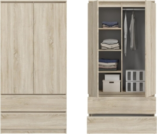 Home Collective Kleiderschrank Schrank 90cm breit mit 2 Schubladen, 3 Einlegeböden und Kleiderstange (Haushaltsschrank Schrank Organizer für Schlafzimmer Flur Keller Büro) robust & vielseitig viel Stauraum 90x50x180 (BxTxH) sonoma