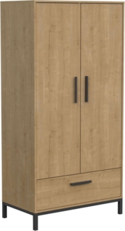 Calicosy 'CRAFT' Kleiderschrank 2 Türen 1 Schublade, Eichedekor Mattschwarz - H180 cm. - Helles Holz