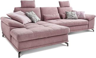 Cavadore L-Form-Sofa Castiel mit Federkern / Großes Schlafsofa in L-Form mit Bettkasten, Sitztiefenverstellung, Kopfstützen und XL-Longchair / 312 x 114 x 173 / Webstoff, Flieder-Rosa