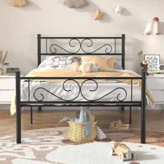 VECELO Bettgestell, 90x190 cm, Einzelbett aus Metall, kein Lattenrost erforderlich, einfache Montage, großer Lattenrost, Schwarz