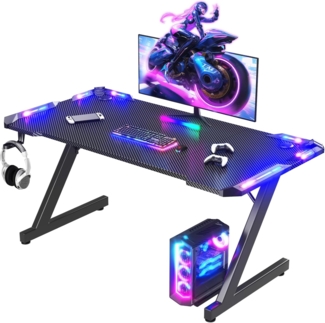 JUMMICO Gaming Tisch mit LED-Beleuchtung, RGB Gaming Tisch, Stabiler Computertisch für Homeoffice und Gamer,Gaming Schreibtisch mit Kopfhörerhalterung und Getränkehalter, 120x60 cm, Schwarz