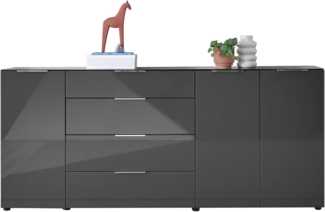 Stella Trading Sideboard Kommode SANTORIN Anthrazit mit Glasfront, Schrank Korpus in Anthrazit mit Oberboden in Glas und Schubladen für Ihren Wohnbereich - 226 x 99 x 40 cm (B/H/T)