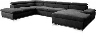 Cavadore Wohnlandschaft Alkatraz im modernen Design / U-Form mit Ottomane links und Longchair rechts / Inkl. Bettfunktion + Kopfteilverstellung / 350 x 73 x 226 / Schwarz
