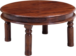 Massivmoebel24 Couchtisch OXFORD (90x90x45 Akazie, runder Couchtisch aus massiven Akazienholz im Landhausstil), hochwertiges Edelholz,authentische Holzadern,aufwendige Schnitzereien und Verzierungen,