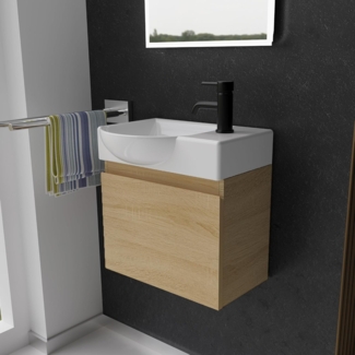 Alpenberger Badmöbel-Set - Gäste WC Waschbecken mit Unterschrank 45 cm Breit, (Badschrank 2-tlg, Waschtisch hängend), Waschbeckenunterschrank mit Softclose - Eiche Hell - Links Becken