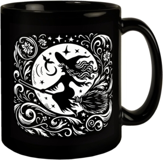 speecheese Tasse Hexe fliegt auf einem Besen im Mondschein Tasse schwarz in Schwarz