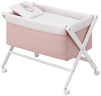 Cambrass Mini-Kinderbett mit gekreuzten Beinen und Rollen mit Bremsen - Kinderwagen für die ersten Monate des Babys - leicht zu tragen - Mini-Kinderbett Schere Holz 55 x 87 x 74 cm Sky Rosa/Weiß