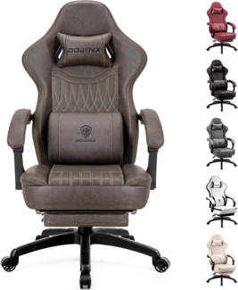 Dowinx Gaming Stuhl mit Frühling Kissen,Racing Gamer Stuhl mit Massage Lendenwirbelstütze, Ergonomischer Gaming Sessel mit Fußstütze Bürostuhl PU Leder Braun