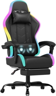 JUMMICO Gaming Stuhl mit led, Cool Racing Gamer Stuhl, Ergonomischer Bürostuhl mit Massagefunktion, Verstellbare Rückenlehne 90-135°, mit Teleskop Fußstütze, Gamingstuhl 150 kg belastbarkeit, Schwarz