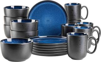 Modernes Geschirr Set fr 6 Personen in aufregendem Vintage Look, 18-teiliges Frhstcksgeschirr Service aus Keramik in Blau und Schwarz