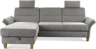 CAVADORE Schlafsofa Wyk mit Federkern / Ecksofa im Landhaus-Stil mit Longchair, Bett, Bettkasten, Armteilfunktion + 2 Kopfstützen / 252 x 90 x 162 / Chenille, Hellgrau