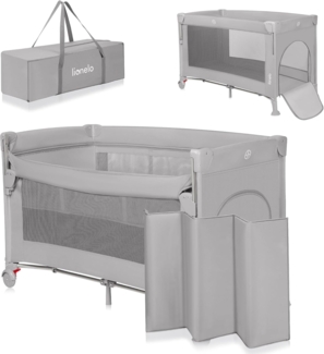 Lionelo Ellen 3 in 1 Reisebett von 0 bis 3 Jahren, Beistellbett für Neugeborene und ältere Kinder bis 15 kg, 2 Matratzenhöhen, Befestigungsgurte, seitlicher Reißverschluss, 2 Rollen, Tasche