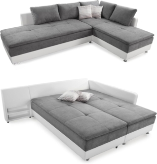 luma-home Ecksofa 15103, Dauerschläfer-Doppelbett 306x223 cm, Schwenkteil links, Bettkasten, Regal, Boxspring, Federkern, Wellenunterfederung, Topper, Mikrofaser Hell-Grau/Kunstleder Weiß