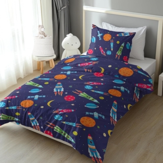 LINKHOFF Kinderbettwäsche Astronauten Bettwäsche 135x200 2tlg. - 100% Baumwolle, Reißverschluss, Renforce Bettwäsche, Raketen Kinderbettwäsche Jungen