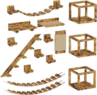 QLS Katzen-Kletterwand Deckenmontage und Wandmontage Geflammt 15-tlg, Set XXL Hängebrüke Katzenbett Katzenregal