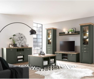 Lomadox Wohnwand CINCINNATI-61, (6-St), grün mit Wotan Eiche mit Beleuchtung 328/207/45cm