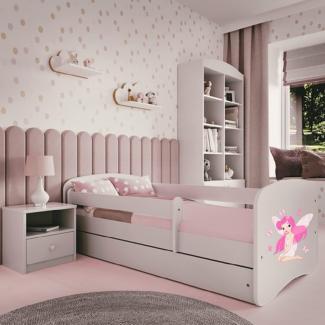 Kinderbett 160x80 mit Rausfallschutz, Lattenrost & Schublade in weiß 80x160 Mädchen Bett rosa Fee