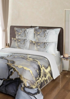 Aymando Bettwäsche Marble Grey, 100% Baumwolle Mako Satin, 2 teilig, Saum und Reißverschluss goldfarben, Geschenkverpackung