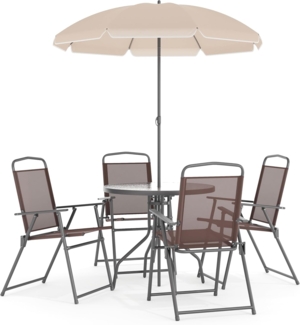 Flash Furniture Nantucket Garten-Set, 6-teilig, Braun, mit Tisch, Sonnenschirm und 4 Klappstühlen