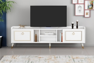 Hanah Home Elegant TV Stand with Wall-Mount Option, White & Gold, 180 cm | 100% Melamine Coated Particle Board, 18 mm Thick | Multiple Shelves, Modern Design