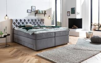 Belanoti Lara Boxspringbett 180x200 mit 4 Schubladen Stauraum Bett 180x200 mit Bettkasten in der Farbe Hellgrau H2 und H3 Chesterfield Kopfteil 7-Zonen Taschenfederkern Matratze inkl. Visco Topper