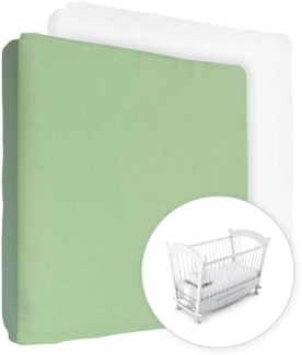 2 x Jersey Spannbettlaken 100% Baumwolle für 90 x 40 cm Babybett Wiege Matratze (Grün + Weiß)