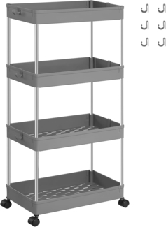 Songmics Rollwagen, Küchenwagen mit 4 Ebenen, Küchenregal, Nischenregal auf Rollen, Badregal, platzsparend, 40 x 22 x 86 cm, grau KSC010G01