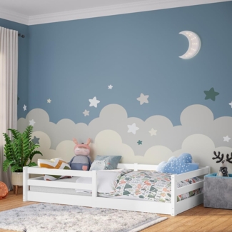 Bellabino Iskri Bodenbett 120x200 cm – Montessori Kinderbett mit Rausfallschutz & Lattenrost – Holzbett für Jungen & Mädchen aus Kiefer Massivholz in Weiß – Kleinkindbett