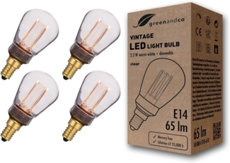 greenandco 4x LED Vintage Glühbirne zur Stimmungsbeleuchtung | dimmbar | E14 ST45 | klar | 2,3W 65lm | 1800K extra warmweiß | 320° | 230V | flimmerfrei | Edison Glühbirne