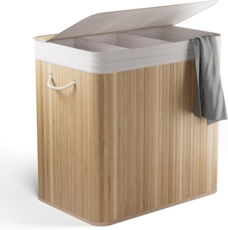 New Habitat Wäschekorb Bambus Wäschekorb 3 Fächer, 170L Wäschesammler mit Deckel & Sack