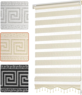 Doppelrollo mit Perlen, Mäander Ornamente Design, Bailena, Lichtschutz, ohne Bohren, freihängend, Klemmfix, glitzernd, Gardine mit Volant-Bordüre