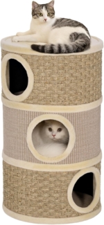 PawHut Kratztonne 79 cm hoch, (Katzenturm, 1-tlg, Dreistöckige Katzentonne mit Sisalseil, Katzenhöhle), Khaki+Braun
