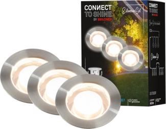 BRILONER - Connect to Shine 12V Gartensystem 3er Set LED Bodeneinbaustrahler, Erweiterungsset, IP67, warmweißes Licht, Gartenbeleuchtung, Bodeneinbauleuchten, 30x26 mm, Silberfarbig